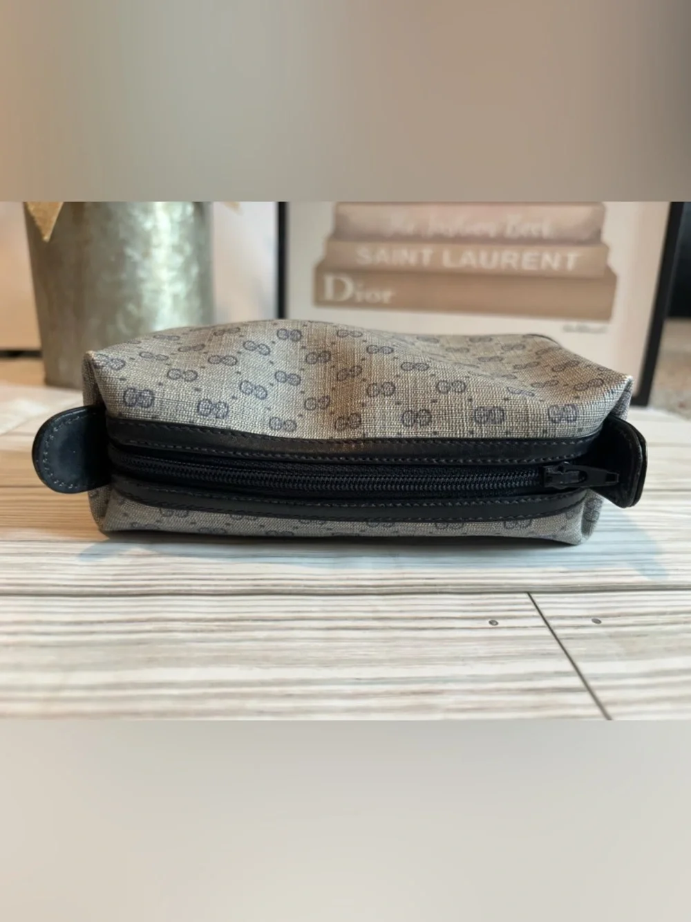 Gucci Navy Blue Vintage Micro GG Canvas Cosmetic Pouch Bag with COA